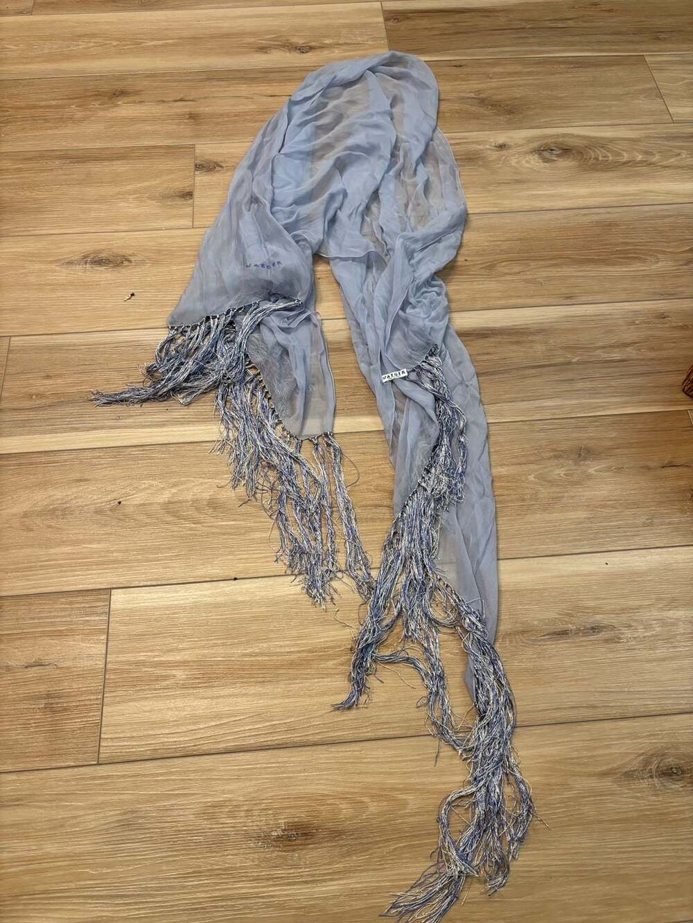 Jaeger Made in Italy Blue Lightweight Fringed Shawl Scarf
